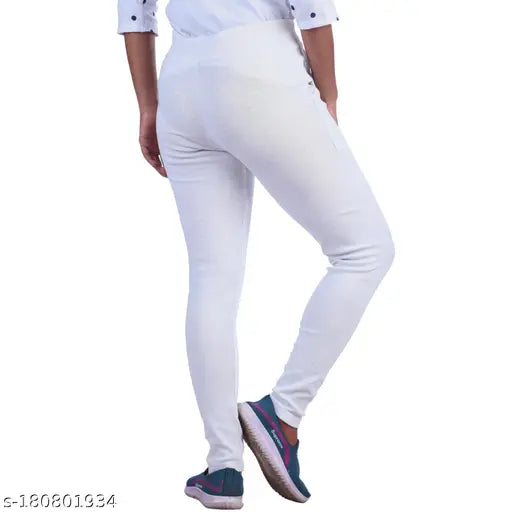 Cotton blend solid jeggings pack of 5, hosiery cotton waste recycled. Comfortable and lightweight women's fashion jeggings in sizes 28-Free Size, made in India