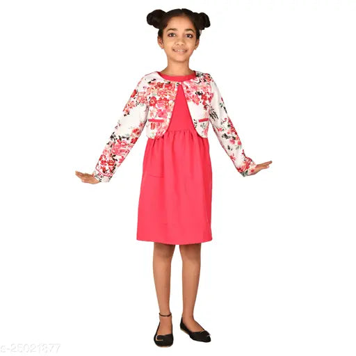 Green floral print polyester girls dress, sleeveless with contrast jacket, 2-13 years sizes available, Indian origin