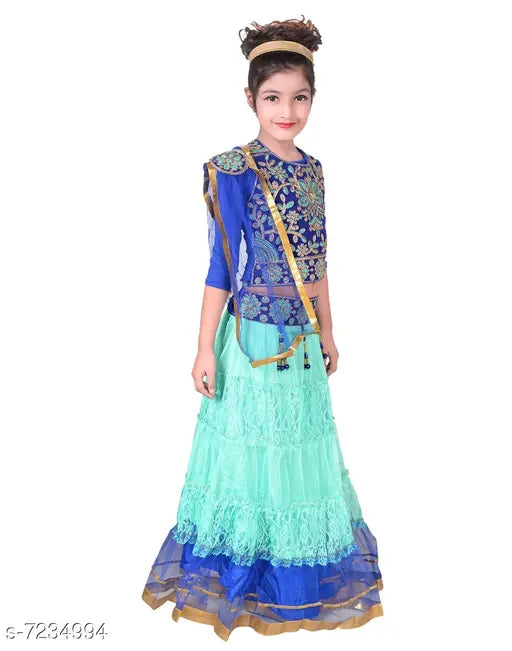 Blue net party wear ethnic lehenga choli set for girls, sky heights printed net pattern on display