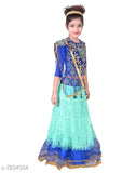 Blue net party wear ethnic lehenga choli set for girls, sky heights printed net pattern on display