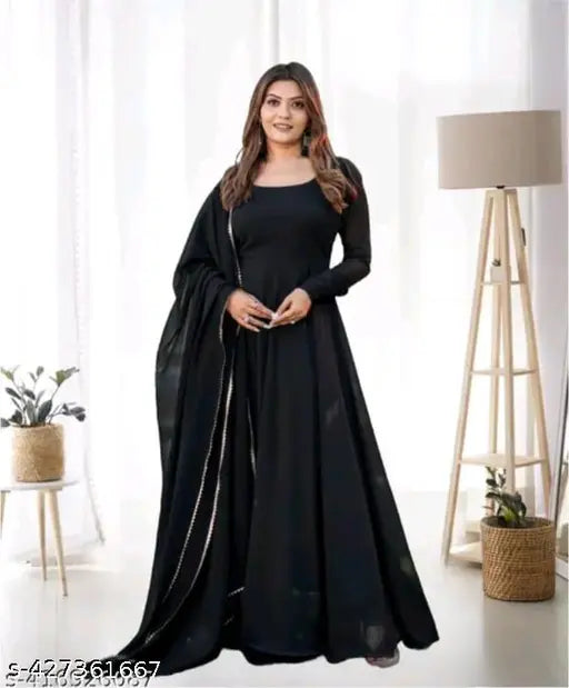 Georgette, long-sleeved Banita Fabulous Kurtis in solid print. Floral-print gown with matching dupatta, celebratory Indian outfit