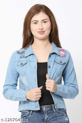 Embroidered denim women's jacket (S-XL), classic style with shank buttons, chest pockets, and long sleeves. Multicolor options available for versatile wear