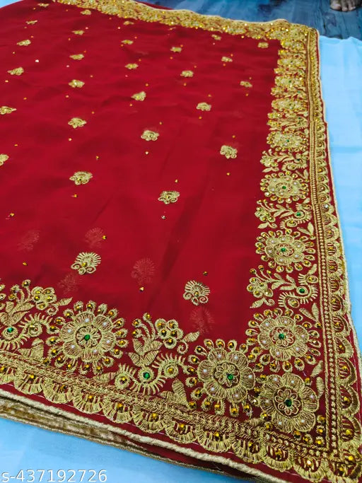 Golden embroidery Georgette saree for women's party wear, red bridal saree with diamond handwork and Coco Jari pattern, single #BridalSaree on display