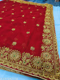 Golden embroidery Georgette saree for women's party wear, red bridal saree with diamond handwork and Coco Jari pattern, single #BridalSaree on display