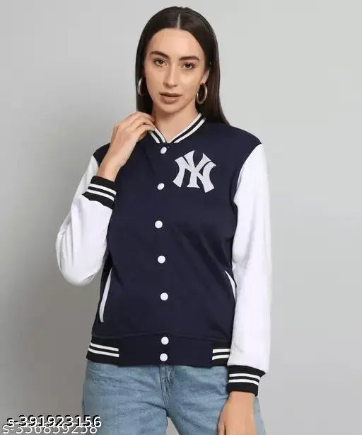 Women's trending fleece colorblocked bomber jacket, long sleeves, size M (bust 38in, length 22in), made in India