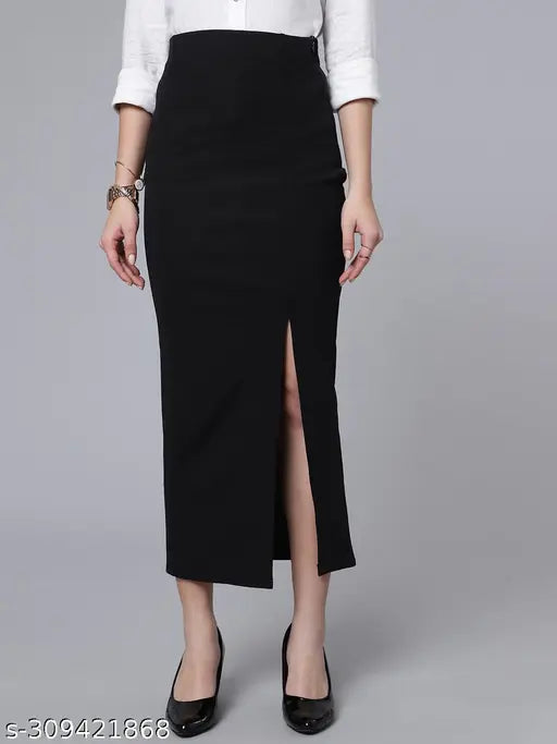 Black polyester maxi length formal skirt with high slit, self-design net pattern for women size 26, 28, 30, 32, 34 (India)