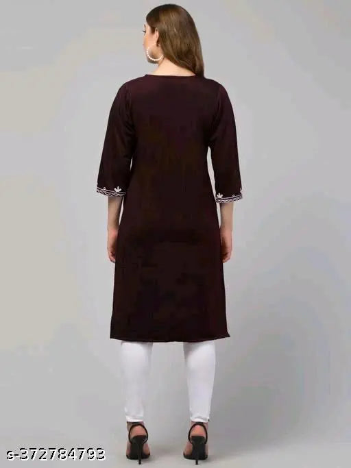 Woolen solid kurti for women L40/42in, XL42/42in, XXL44/42in - Indian Aari embroidery artistry
