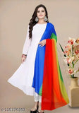 Georgette three-quarter sleeve women's gown with multicolor dupatta, comfortable, lightweight, Indian-origin fashion wear on model