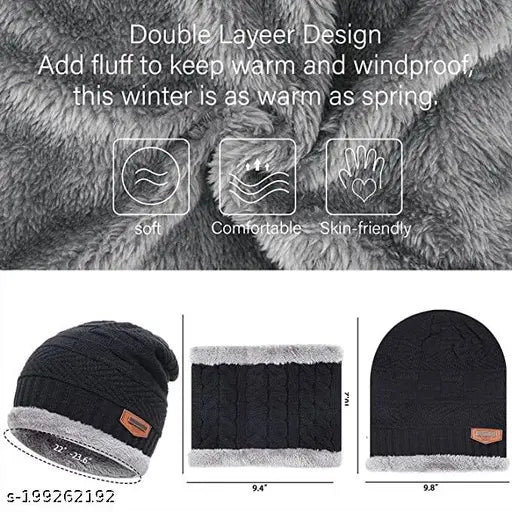 Soft woolen unisex beanie & scarf set, snow-proof, 20 degree temperature. Thick acrylic knit, criss-cross design, India origin