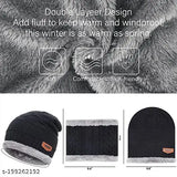 Soft woolen unisex beanie & scarf set, snow-proof, 20 degree temperature. Thick acrylic knit, criss-cross design, India origin