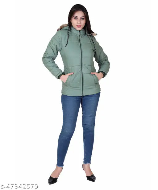 Indian-origin solid women's jacket with hoodie, featuring pockets and inner fur for warmth