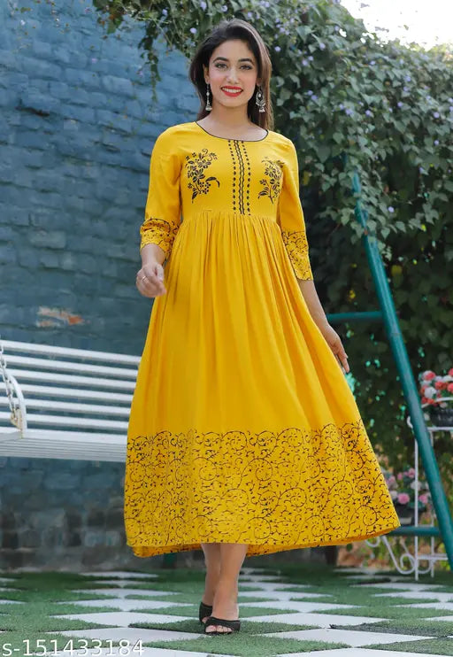 Hand block printed rayon Anarkali Kurti in mustard color, three-quarter sleeves, women's party wear fashion