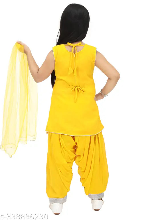 Georgette girls kurta patiyala set, embellished top with lace net bottom, mustard color, India origin