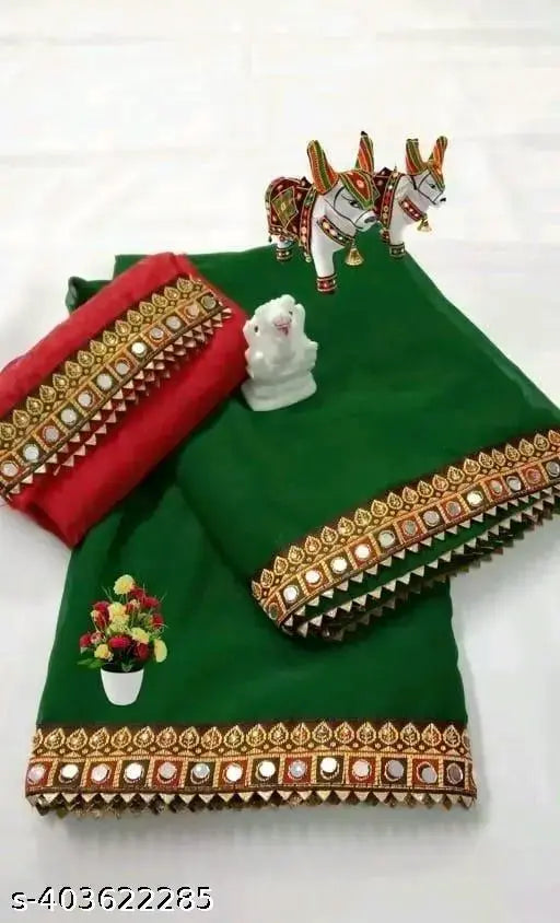 Green Georgette saree with lace border and separate dupion silk blouse, Maharani Voguish Attractive design for trendy parties