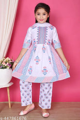 White rayon printed kurti plazzo set for kids, three-quarter sleeves, size 18-15 years, India origin