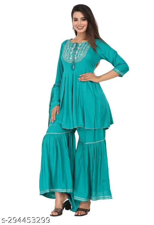 Mint green rayon women's kurta with sharara and dupatta set - elegant embroidery and embellishments for occasion wear, hand wash only