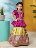 Aarika Girls' Silk lehenga cholis, purple and green, embroidered with zari thread, half sleeves, square neck