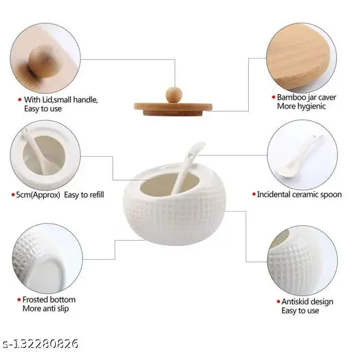 White porcelain condiment jars (3pcs) with bamboo lids and wooden tray - microsafe, complements home decor