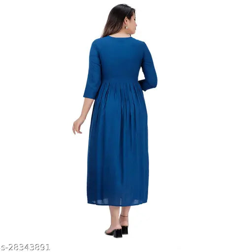 Teal rayon embroidery kurti, flared style with three-quarter sleeves - Indian traditional clothing