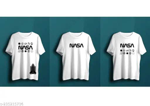 White cotton blend T-shirt combo - 3 astronaut prints, M, L, XL for casual or active wear