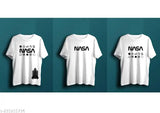 White cotton blend T-shirt combo - 3 astronaut prints, M, L, XL for casual or active wear