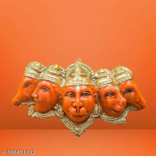 Orange polyresin Panchmukhi Hanuman statue for home decor, protection from evil eye, 7 inches wide