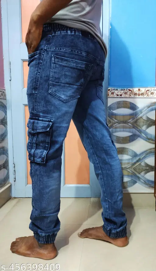 Solid denim stretchable six-pocket men's joggers, perfect for activewear