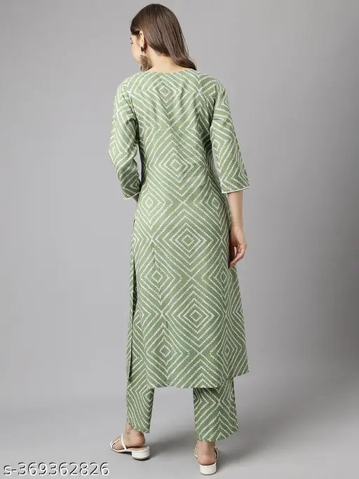 Green striped cotton Fiorra Kurta Set, suitable for festive and party occasions with 3/4th sleeve, V-neck, A-line design, and calf length bottomwear pants. Made in India