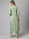 Green striped cotton Fiorra Kurta Set, suitable for festive and party occasions with 3/4th sleeve, V-neck, A-line design, and calf length bottomwear pants. Made in India