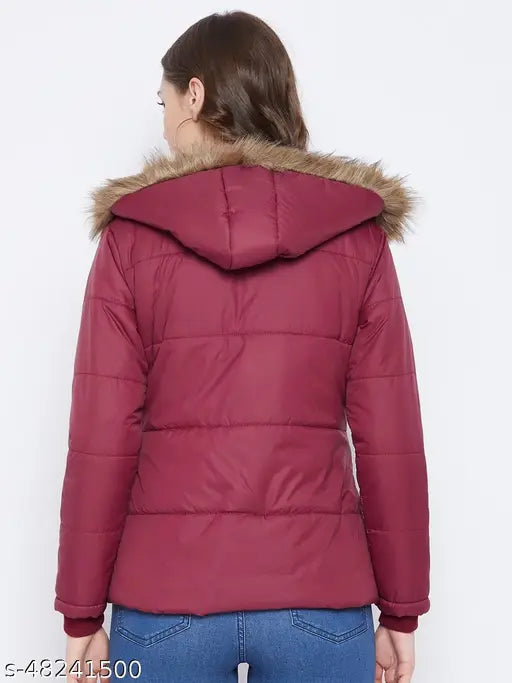 Maroon polyester women's parka jacket, solid design, quilted with polyfill and detachable faux fur hood, features 3 pockets (inside & outside)