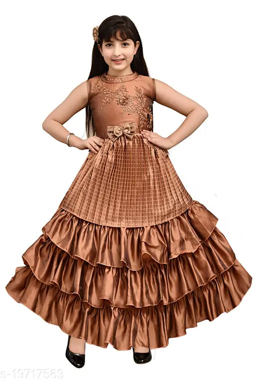 Brown silk blend sleeveless embroidered net frock for girls, single pack. 3-4 years, 4-5 years (bust size: 24in, length size: 34in) size available. Made in India