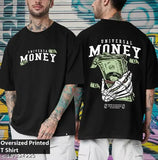 Black cotton blend oversized round neck t-shirt with money graphic print, three-quarter sleeves