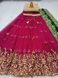 Unstitched traditional silk & net embroidered lehenga set with banarasi blouse & belt, India