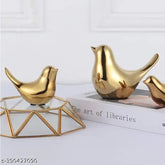 Ceramic golden blessing birds figurine set, adorable home decor accent for living room, bedroom, office (India)