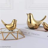 Ceramic golden blessing birds figurine set, adorable home decor accent for living room, bedroom, office (India)