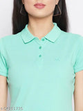 Ice green cotton blend short sleeve women's polo t-shirt, solid design on hangar