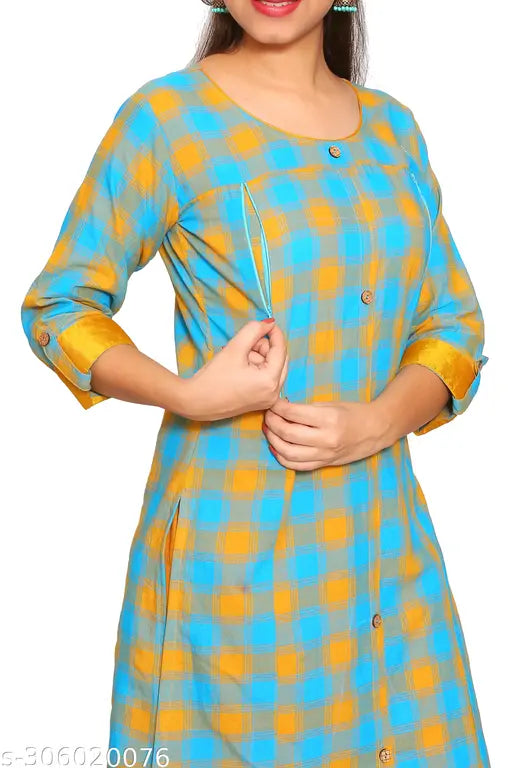 Blue Mustard Checked Pure Cotton Three-Quarter Sleeve Pregnancy Kurti, available in sizes S-XXXL from India