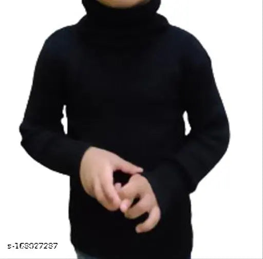 Black wool highneck sweater for toddlers, solid design on hanger