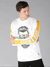 White cotton long sleeve round neck graphic print men's t-shirt, soft and breathable, Indian made