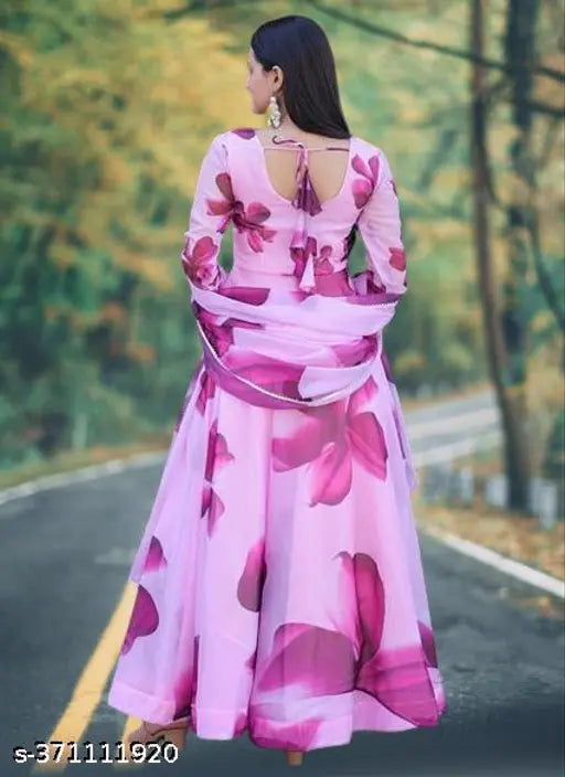 Purple digital flower print Georgette long-sleeve gown, elegant Indian fashion for special occasions