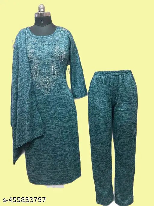 Winter woolen kranchi kurta palazzo set with stole, printed net pattern on warm, cozy wool fabric
