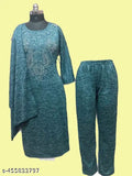 Winter woolen kranchi kurta palazzo set with stole, printed net pattern on warm, cozy wool fabric