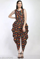 Women's sleeveless printed maxi crepe jumpsuit with Indian body type fit and elastic waist, color bleeding resistant and sweat absorbent armpit lining, perfect for festive events in India
