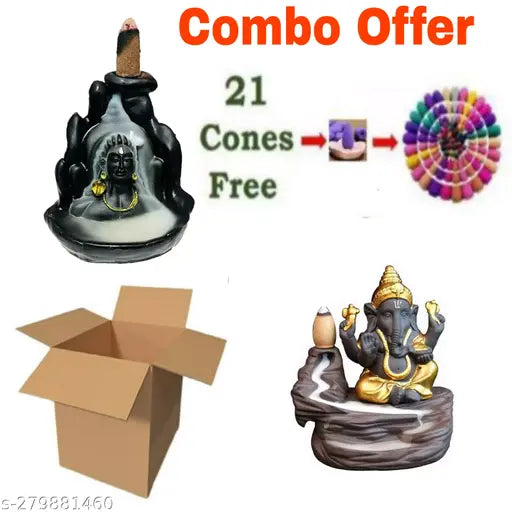 Poly resin Adi Shankara Shiv-Ganesha backflow incense holder showpiece statue with 21 cones, Indian home decor item