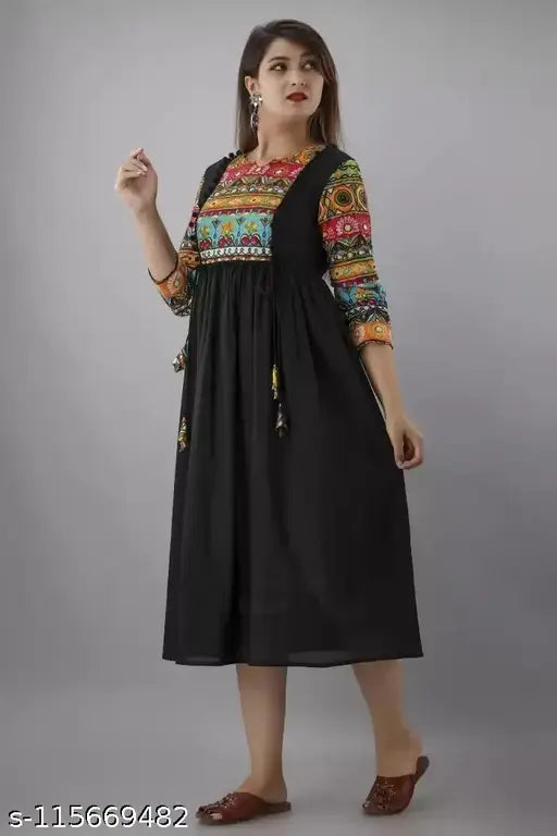 Black embroidered rayon anarkali kurta with three-quarter sleeves - Indian women's fashion, size S (36in bust, 46in length)