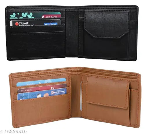 Faux leather men's Classic World wallet, solid pattern in classic black and tan color
