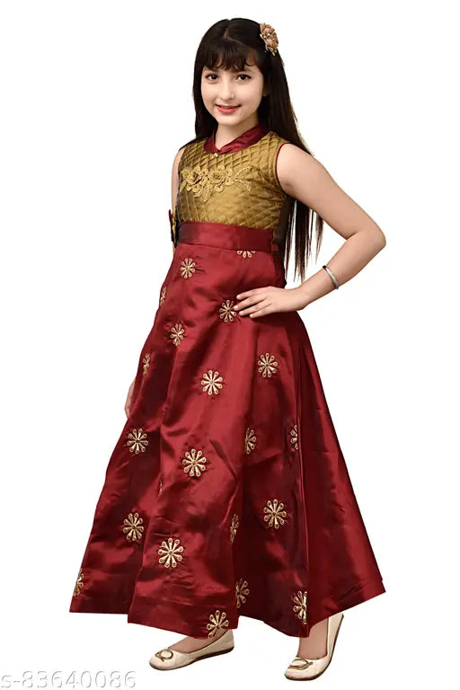 Red silk blend embroidered net dress for girls, single pack featuring sizes 3-4 years, 4-5 years, 5-6 years, and 8-9 years