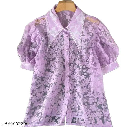 Organza pearl collar shirt, printed net with intricate detail, exquisite sheer floral design