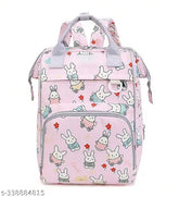 Pink polyester diaper bag with rabbit print, featuring large capacity, water resistance, and multiple functional pockets for baby essentials. Stylish design with back mouth access, water-resistant wet clothes compartment, built-in key chain, thicker shoulder strap, and mental rivets for durability. Measures 12.6" x 5.9" x 15.75" (31.5 cm x 15 cm x 40 cm). Free size, made in China