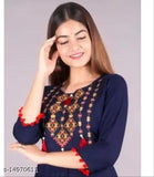 Yellow rayon A-line embroidered kurti for women with three-quarter sleeves, showcasing intricate Indian patterns. Size S (36in bust, 48in length)